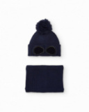 Set berretto con pompon e scaldacollo in maglia blu navy