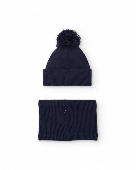 Set berretto con pompon e scaldacollo in maglia blu navy