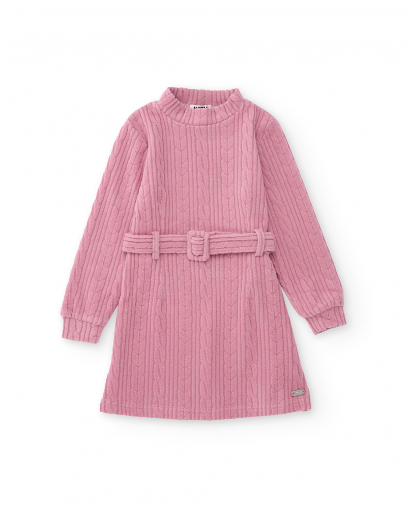 Abito in maglia rosa con cintura per bambina