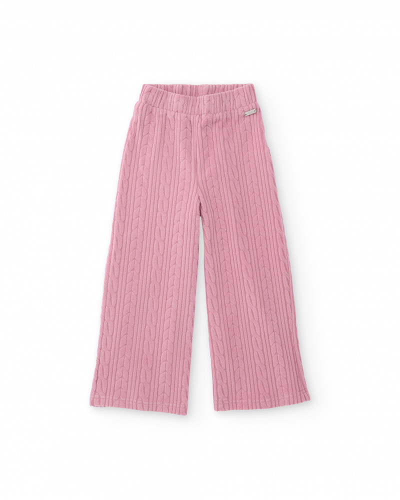Pantalone lungo da bambina in rosa con maglia intrecciata e vita elastica