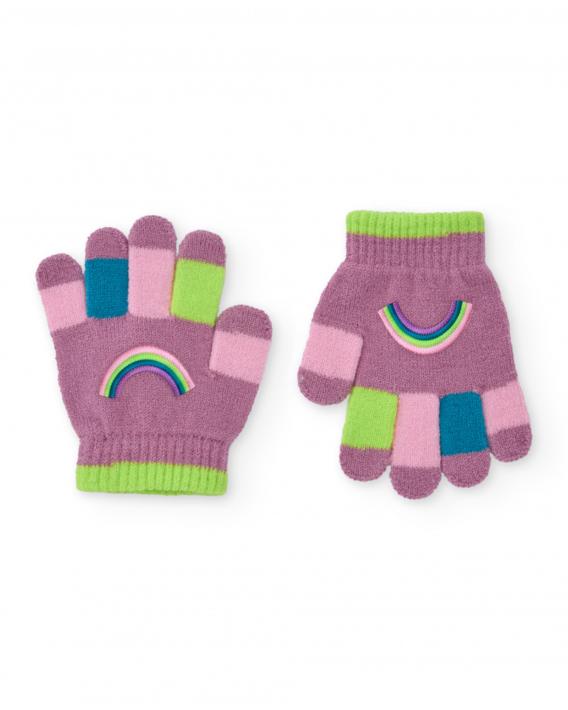 Guanti in maglia per bambina color malva con dita multicolore.