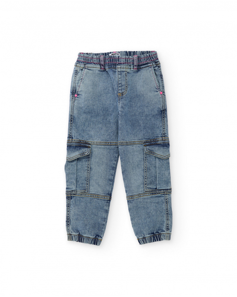 Pantaloni da bambina in tessuto piano e denim, design cargo