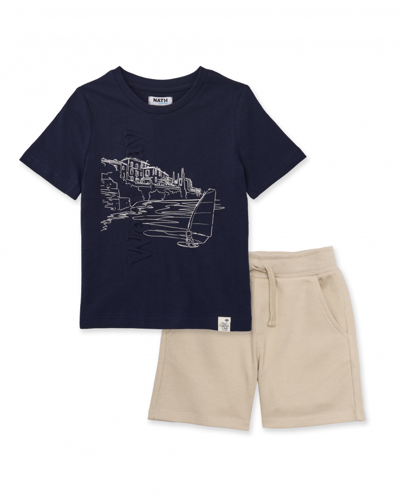 Completo da bambino in maglia con illustrazione costiera