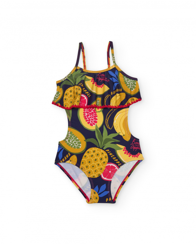 Costume intero da bambina in maglia con volant frontale