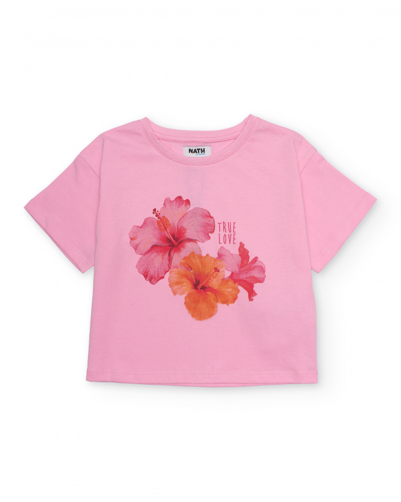 T-shirt da bambina in maglia con ibischi sul davanti