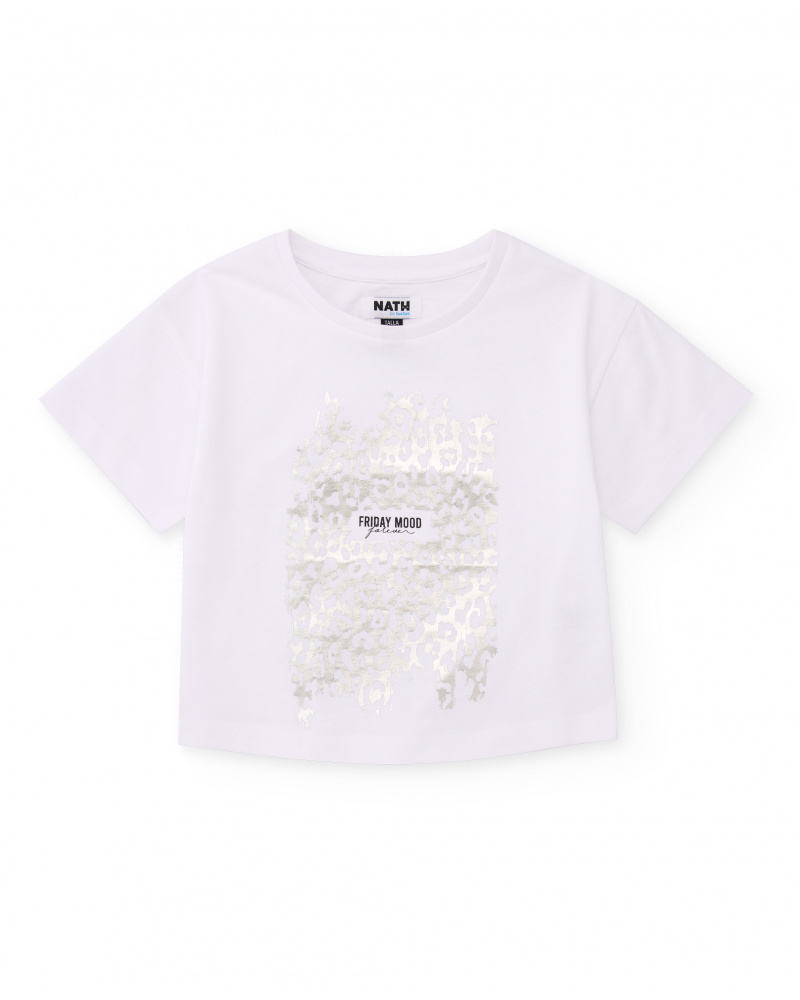 T-shirt da bambina in maglia con stampa metallizzata