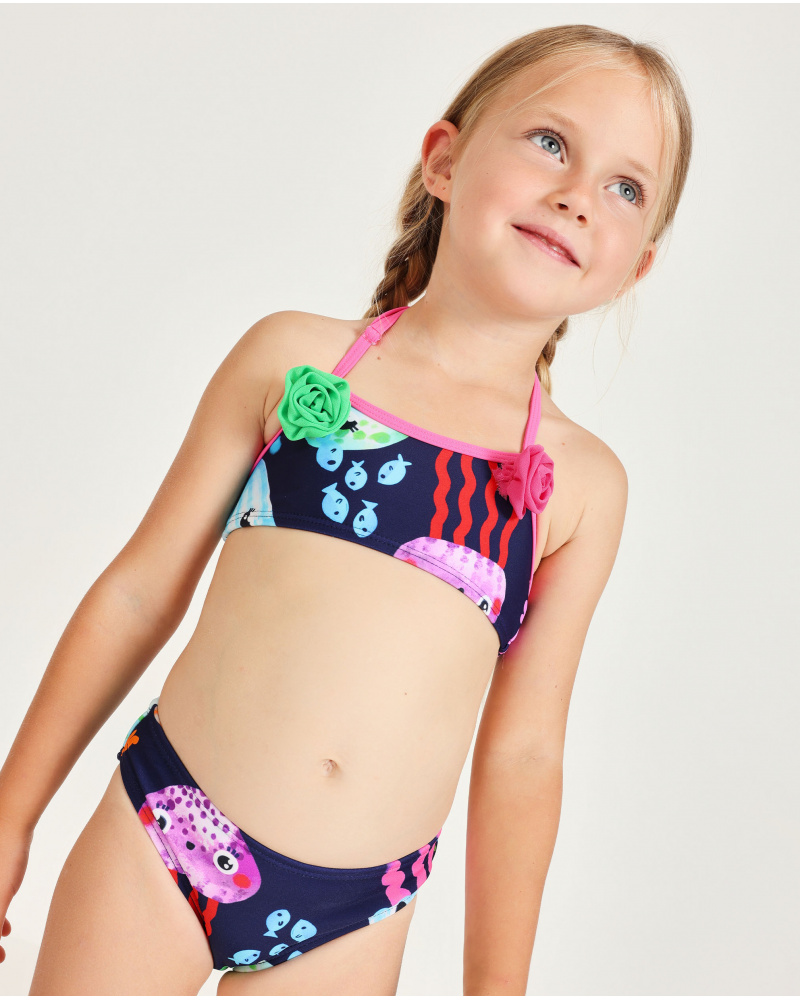 Bikini da bambina in maglia con fiori applicati