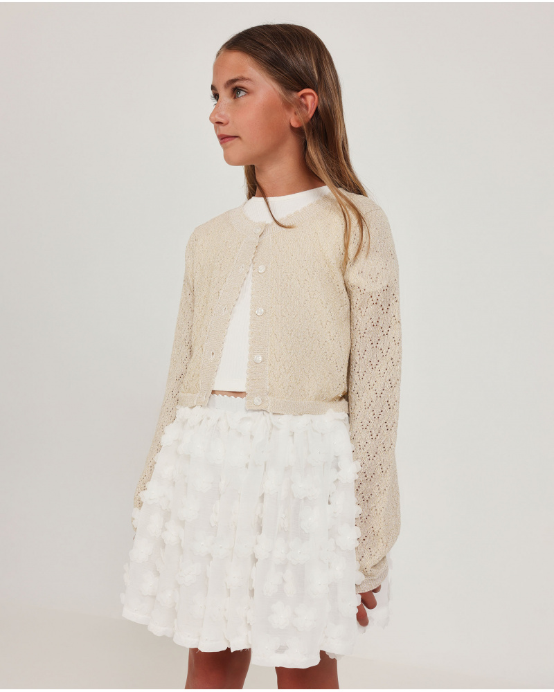 Cardigan da bambina in maglia con lavorazione traforata