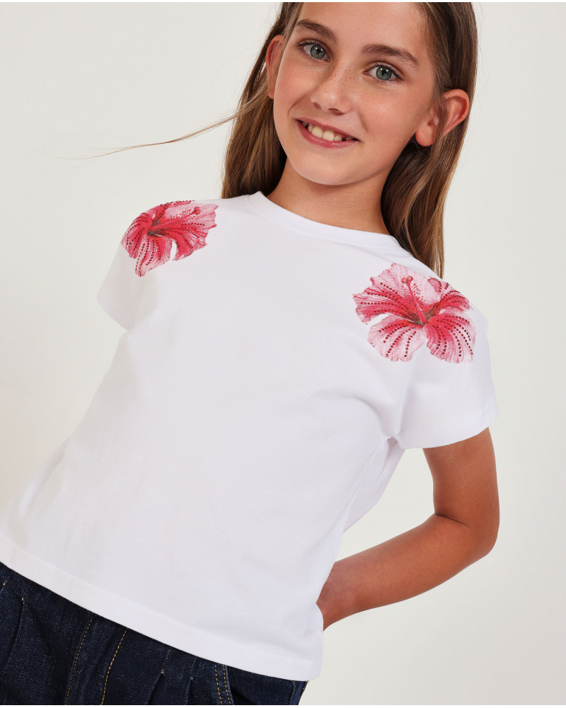 T-shirt da bambina in maglia con fiori decorativi