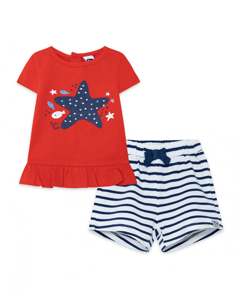 T-shirt e pantalonicini jersey strisce bambina rosso little