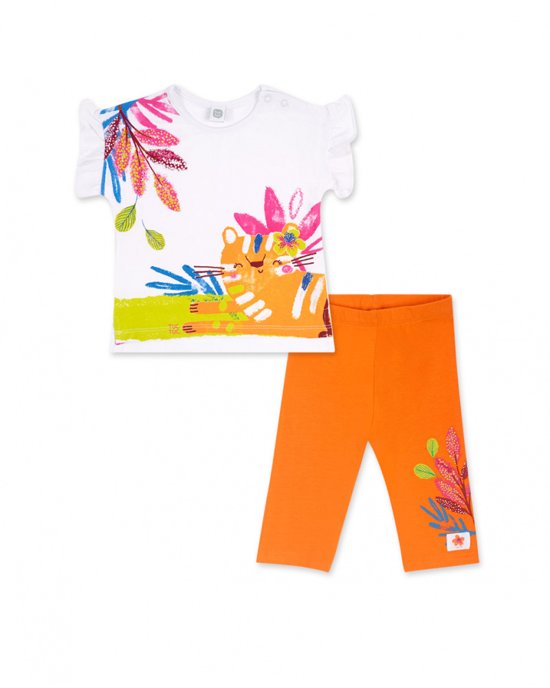 Conjunto malha branca laranja para menina Eco-Safari