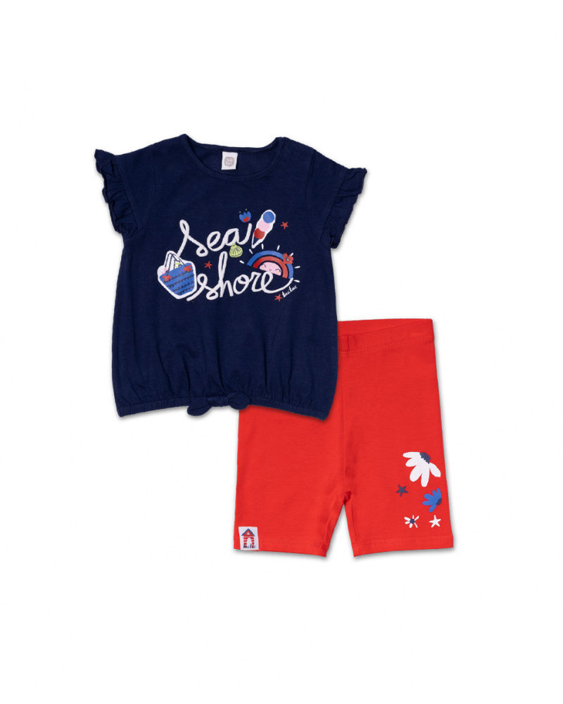 Conjunto tricô vermelho azul para menina Beach Day