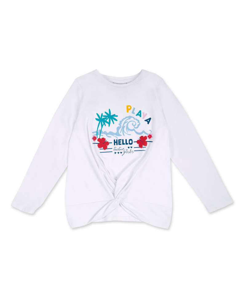T-shirt comprida em malha branca para menina Hello Playa