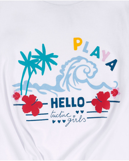 T-shirt comprida em malha branca para menina Hello Playa