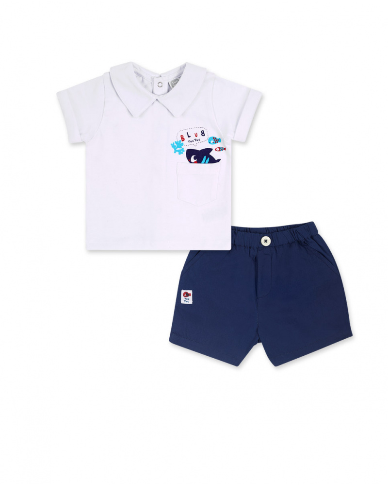 Conjunto de popeline branco azul para menino Blub
