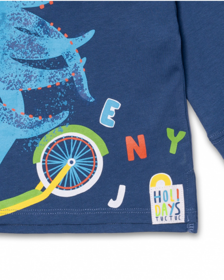 T-shirt comprida de malha azul para menino Férias