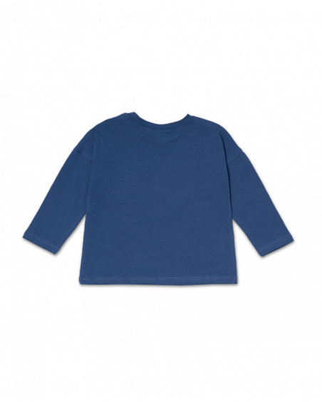 T-shirt comprida de malha azul para menina Férias