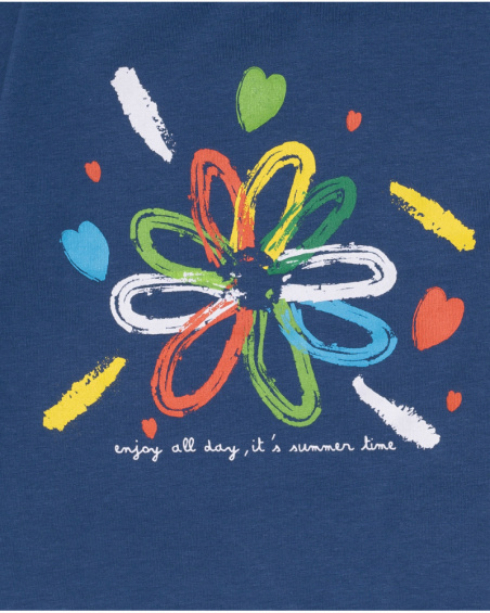 T-shirt comprida de malha azul para menina Férias