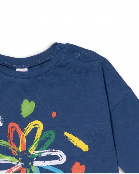 T-shirt comprida de malha azul para menina Férias