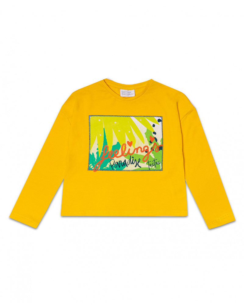 T-shirt comprida em jersey amarelo para menina Tropic Feelings