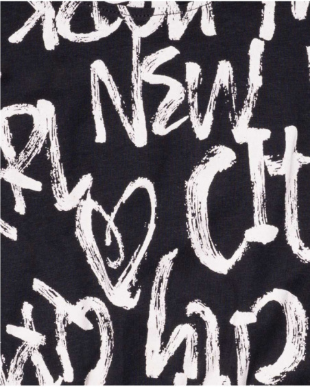 T-shirt preta de malha estampada para menina One day in NYC