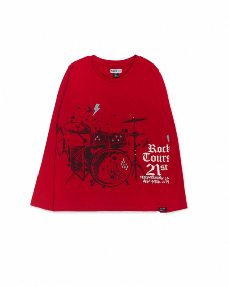T-shirt vermelha de malha para menino Let's Rock Together