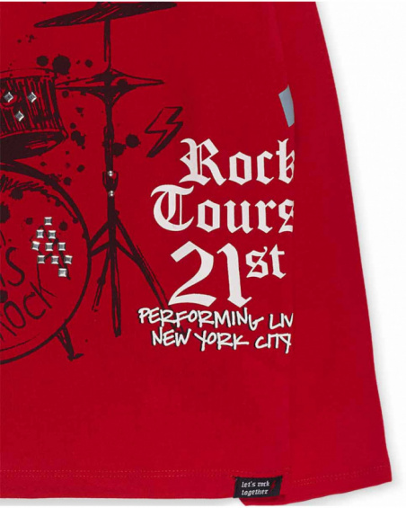 T-shirt vermelha de malha para menino Let's Rock Together