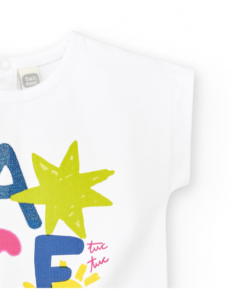 T-shirt branca de menina em malha coleção Run Sing Jump