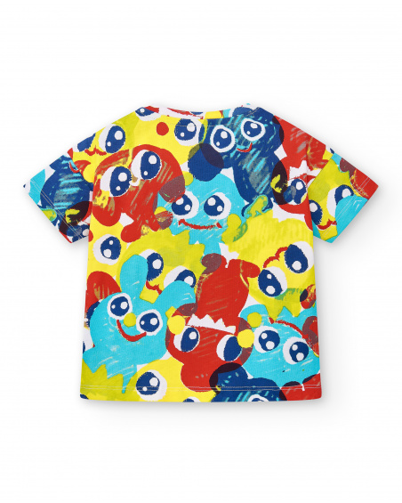 T-shirt de menino em malha azul estampada coleção Run Sing Jump