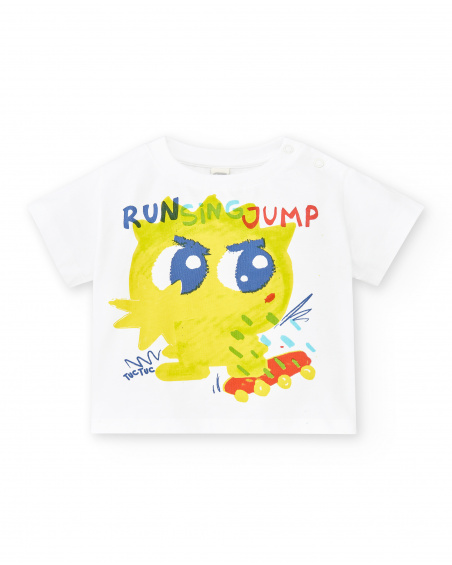 T-shirt branca de menino em malha coleção Run Sing Jump