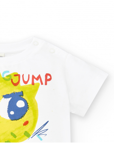 T-shirt branca de menino em malha coleção Run Sing Jump