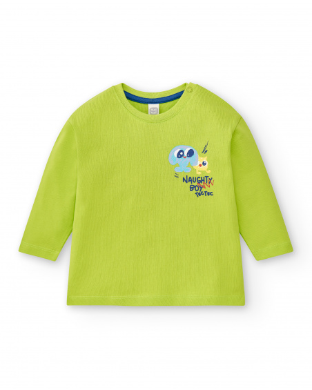 T-shirt verde de menino em malha coleção Run Sing Jump