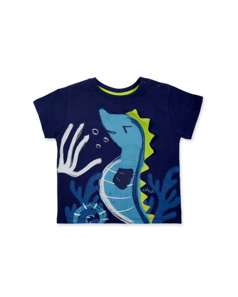 T-shirt de malha azul marinho para menino Ocean Wonders
