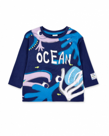 T-shirt comprida de menino em malha azul marinho Ocean Wonders