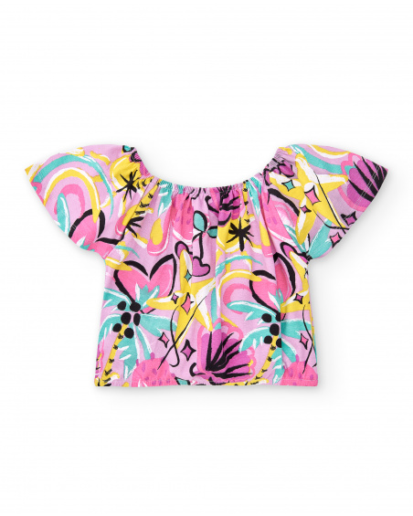 T-shirt de menina em malha lilás estampada Coleção Flamingo Mood