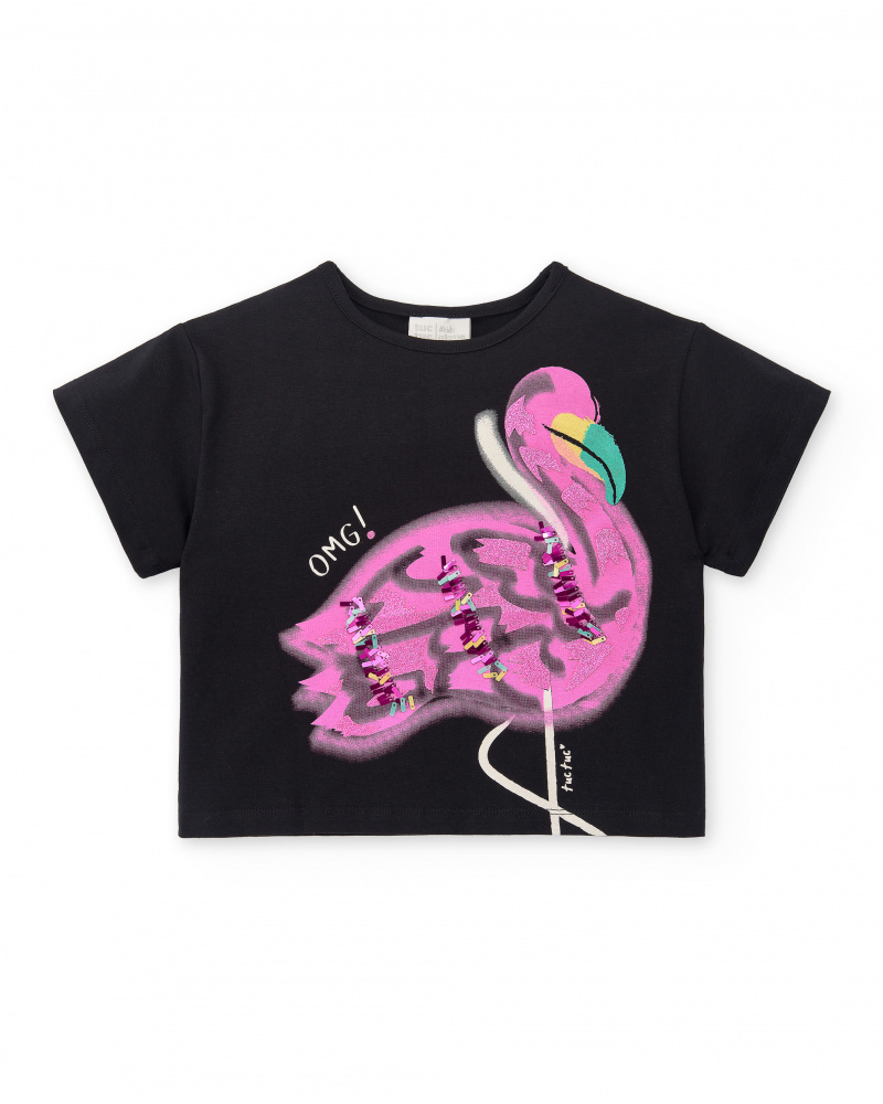 T-shirt preta de menina em malha Coleção Flamingo Mood