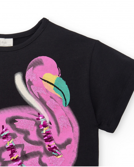 T-shirt preta de menina em malha Coleção Flamingo Mood
