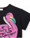 T-shirt preta de menina em malha Coleção Flamingo Mood