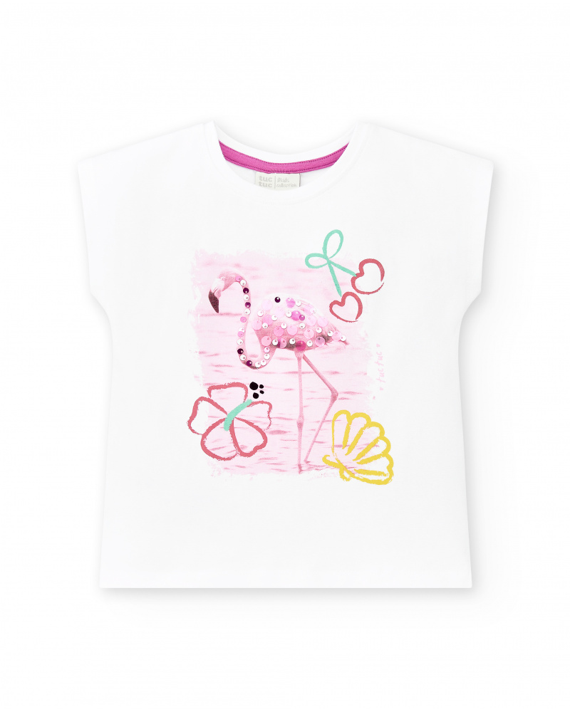 T-shirt branca de menina em malha com lantejoulas Coleção