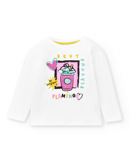 T-shirt comprida de menina em malha branca Coleção Flamingo Mood
