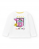 T-shirt comprida de menina em malha branca Coleção Flamingo Mood