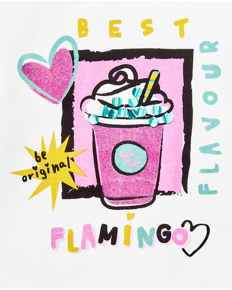 T-shirt comprida de menina em malha branca Coleção Flamingo Mood