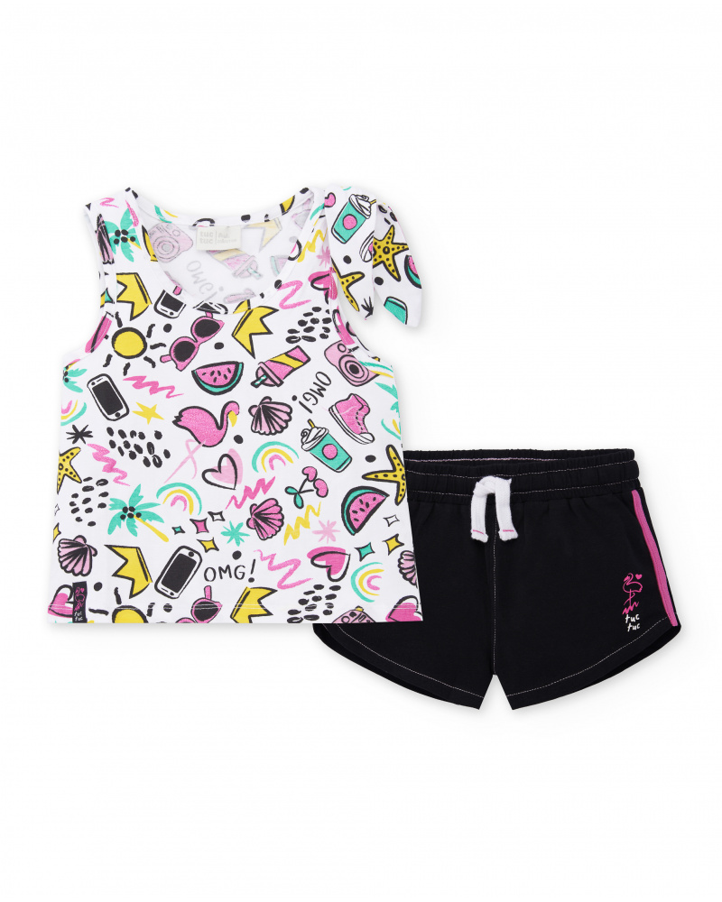 Conjunto de malha preta e branca para menina Coleção Flamingo