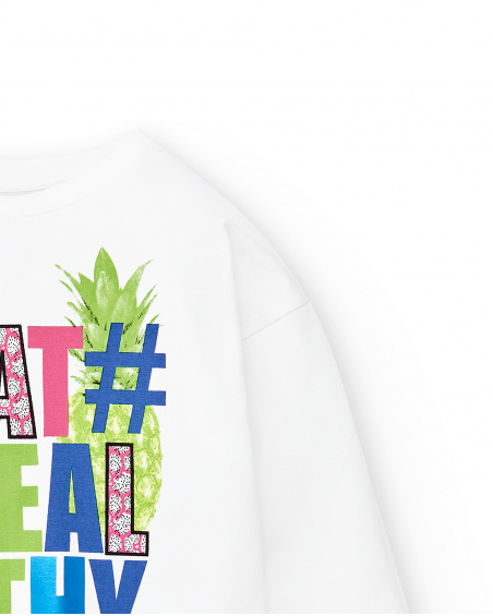 T-shirt comprida de menina em malha branca Coleção Acid Bloom