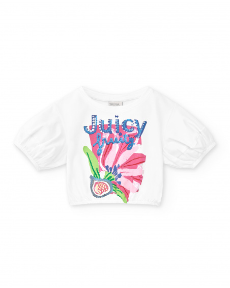 T-shirt curta de malha branca de menina Coleção Acid Bloom