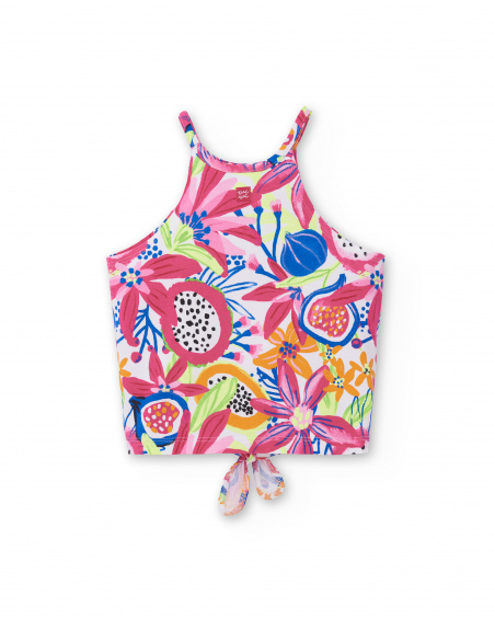 T-shirt de menina em malha fúcsia com nós Coleção Acid Bloom