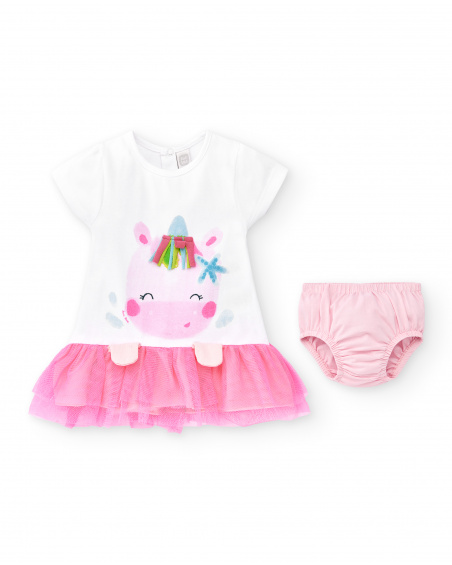 Conjunto de menina em malha de tule branco rosa Coleção Over