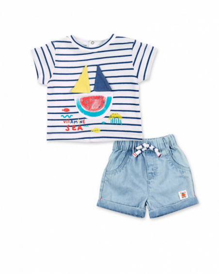 Conjunto de malha jeans azul menino Coleção Frutti