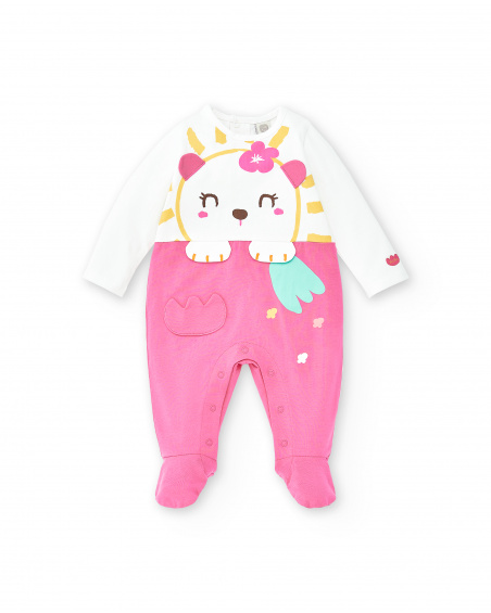 Macacão de malha branco rosa de menina Coleção Animal Life