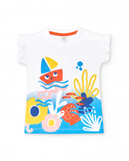 T-shirt branca de menina em tricô com babados Coleção Salty Air